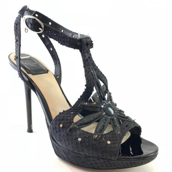 Christian Dior black Python and patent leather T strap ankle strap sandals 39 - Picture 1 of 16
